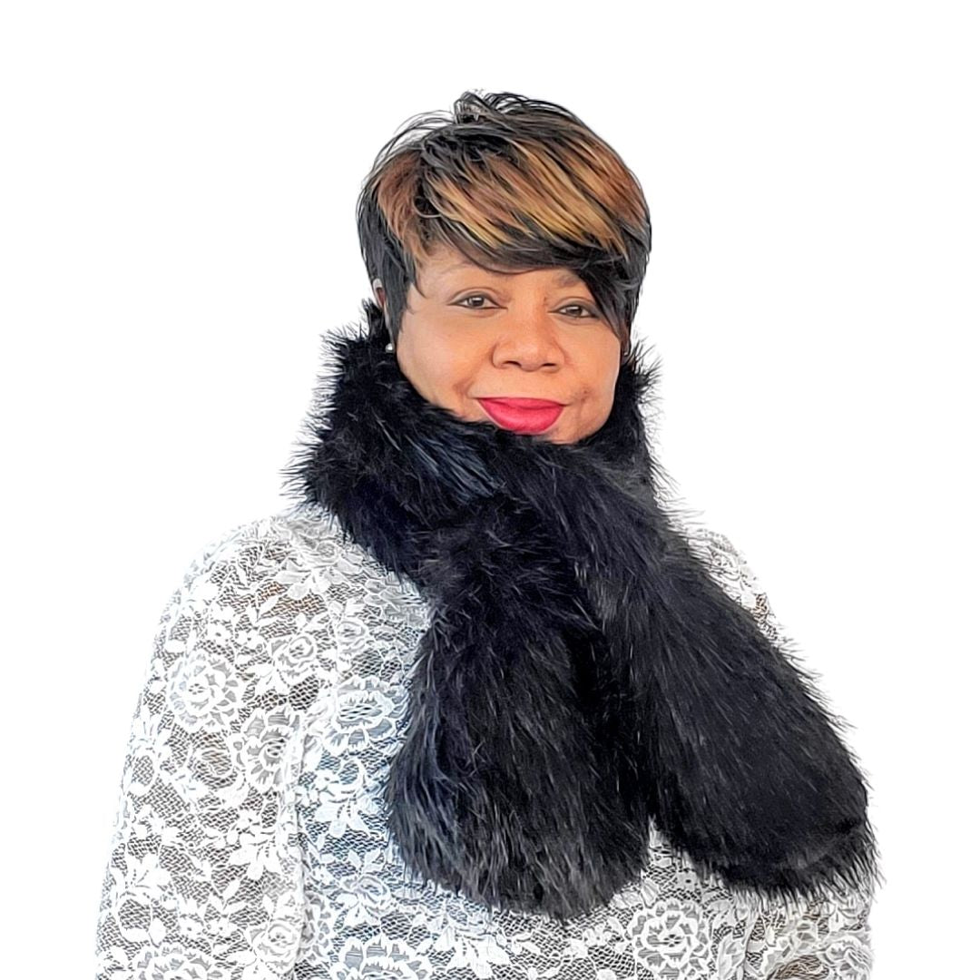 Black Fluffy Faux Fur Pull Through Scarf