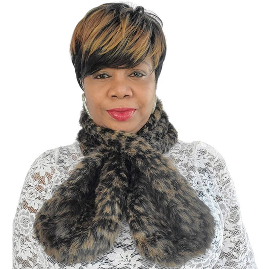 Dark Brown and Black Cheetah Faux Fur Pull Through Scarf